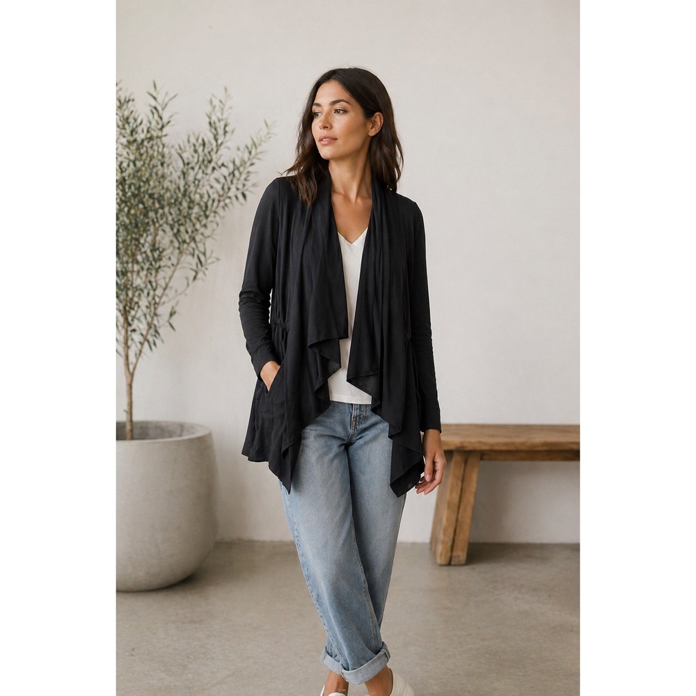 Lola & Sophie Drape Front Jacket Womens Small Black NEW Cupro Drawstring J2011